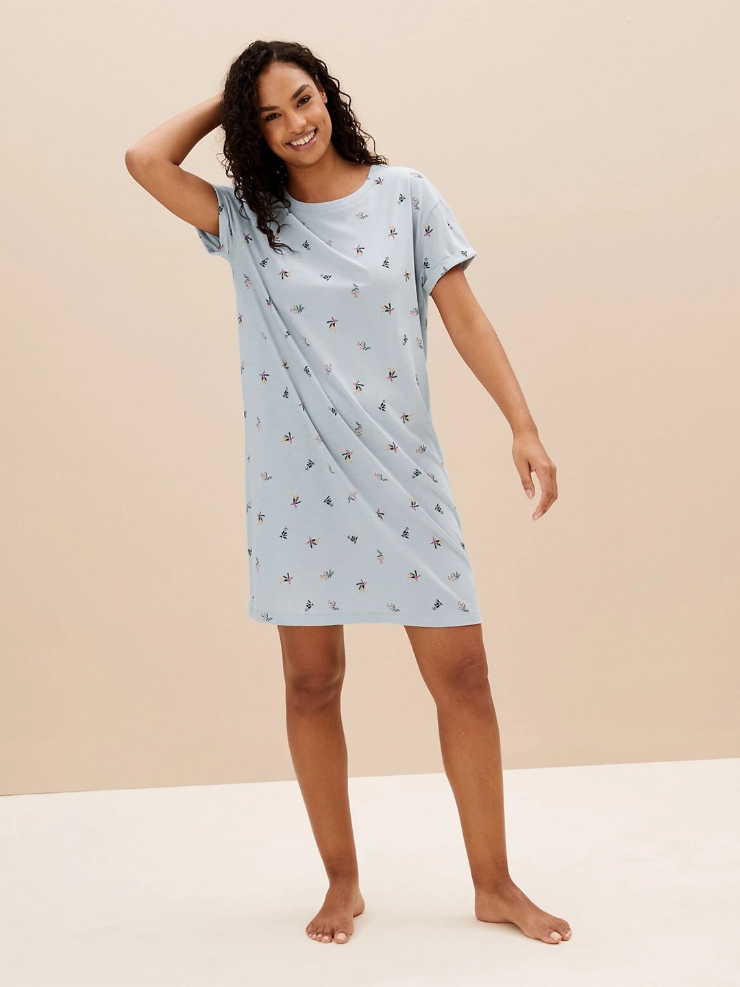 

Marks & Spencer Floral Printed Pure Cotton T-Shirt Nightdress, Blue