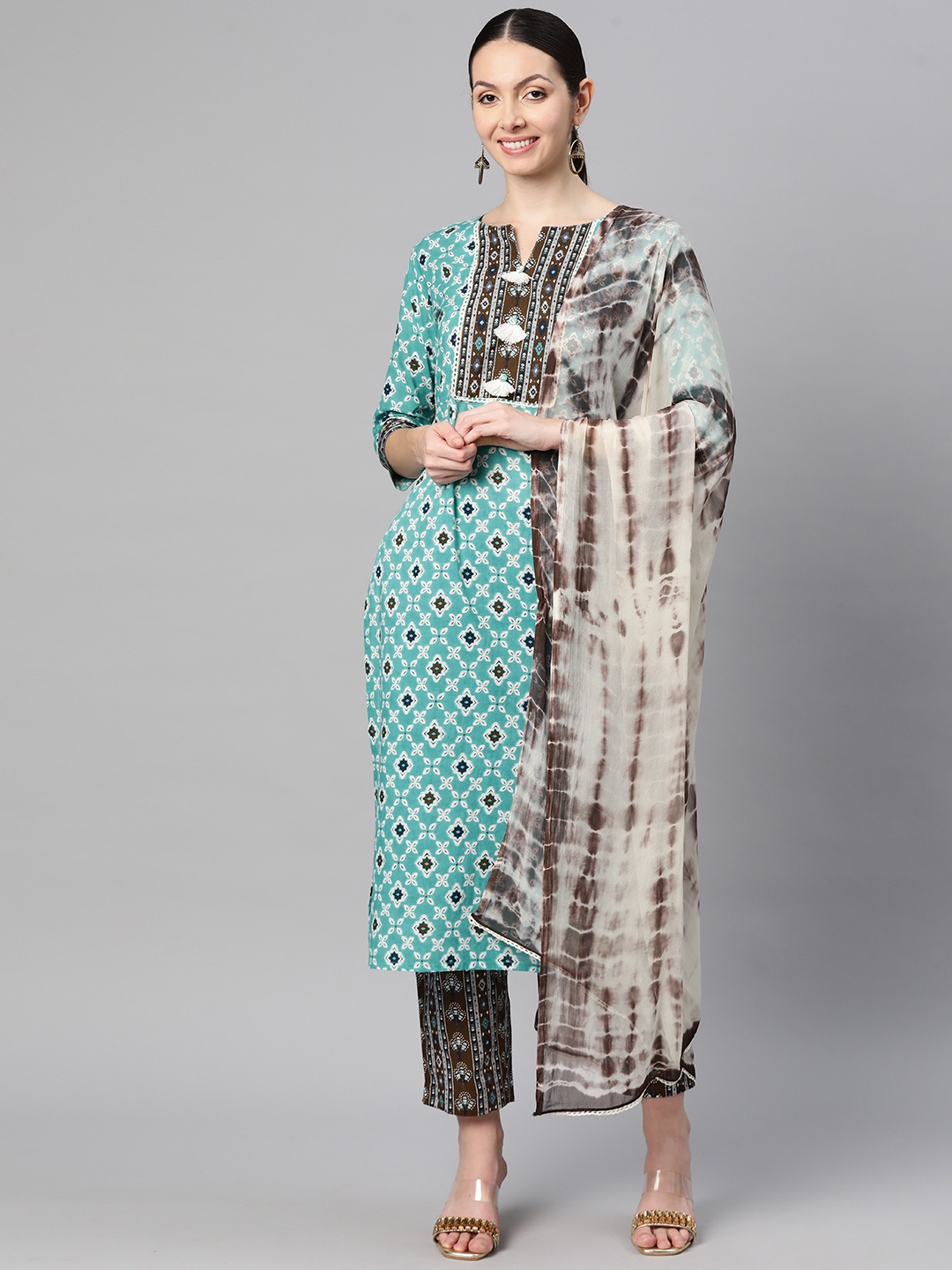 

Indibelle Women Printed Regular Pure Cotton Kurta with Trousers & Dupatta, Turquoise blue