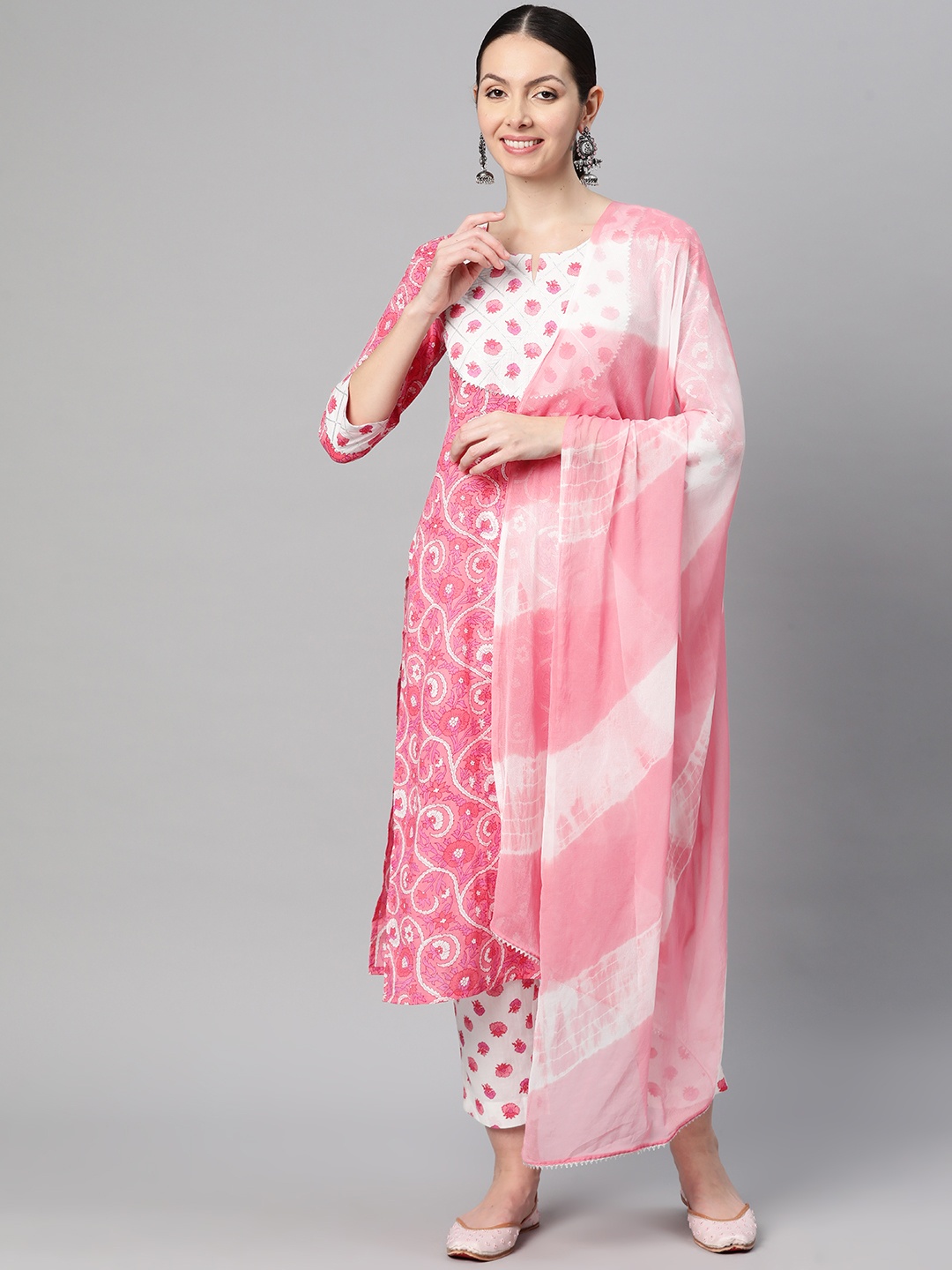 

Indibelle Women Floral Printed Regular Gotta Patti Cotton Kurta with Trousers & Dupatta, Pink