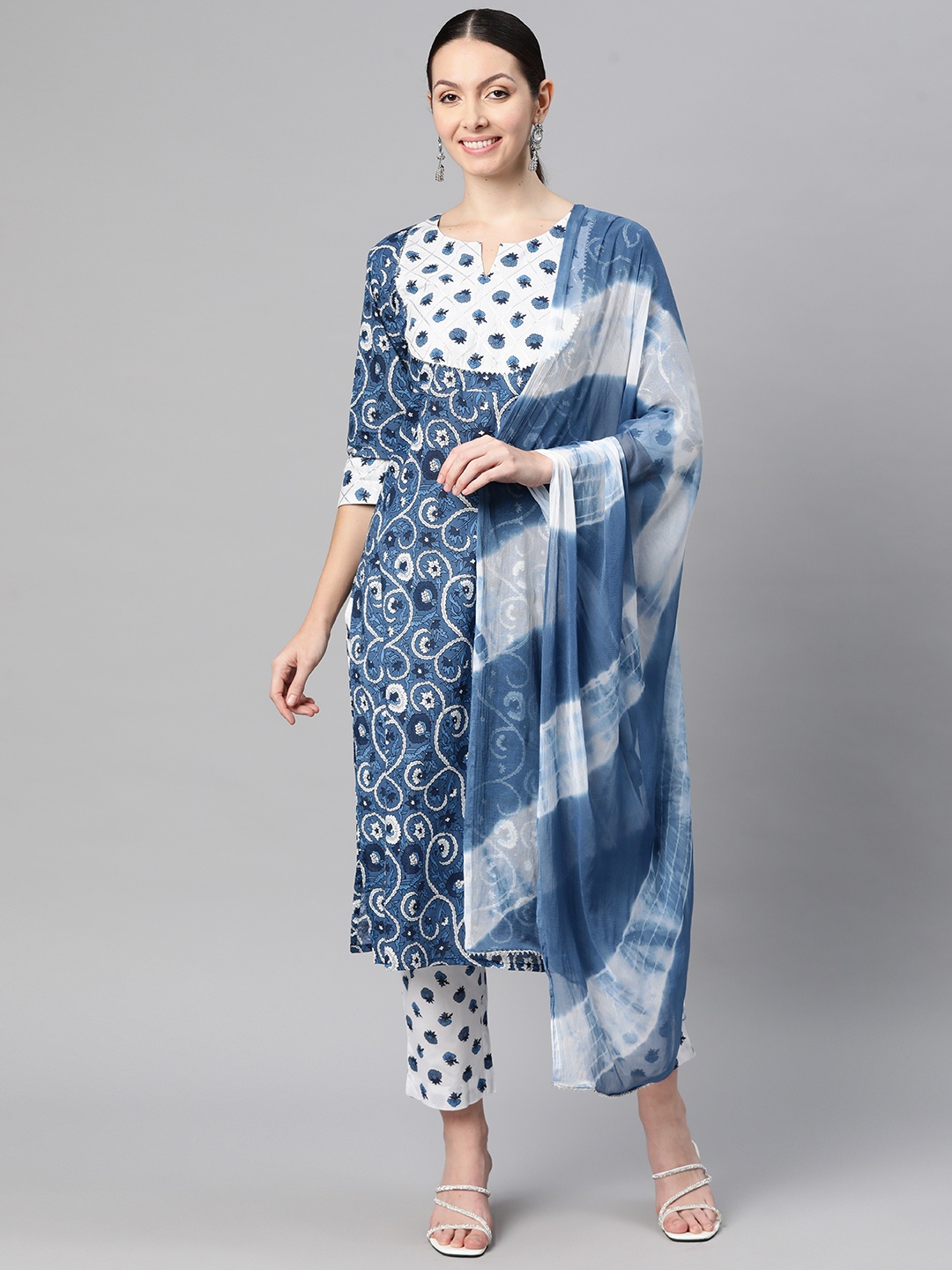 

Indibelle Women Floral Printed Regular Gotta Patti Cotton Kurta with Trousers & Dupatta, Blue