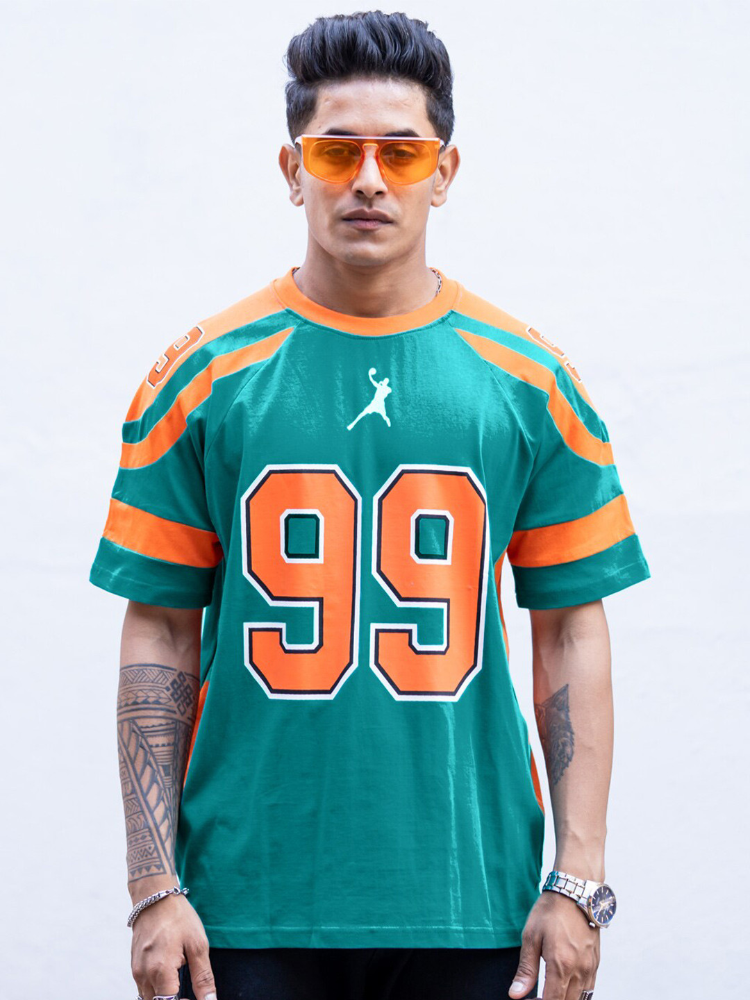 

Powerlook Green Alphanumeric Printed Raglan Sleeves Oversized T-shirt