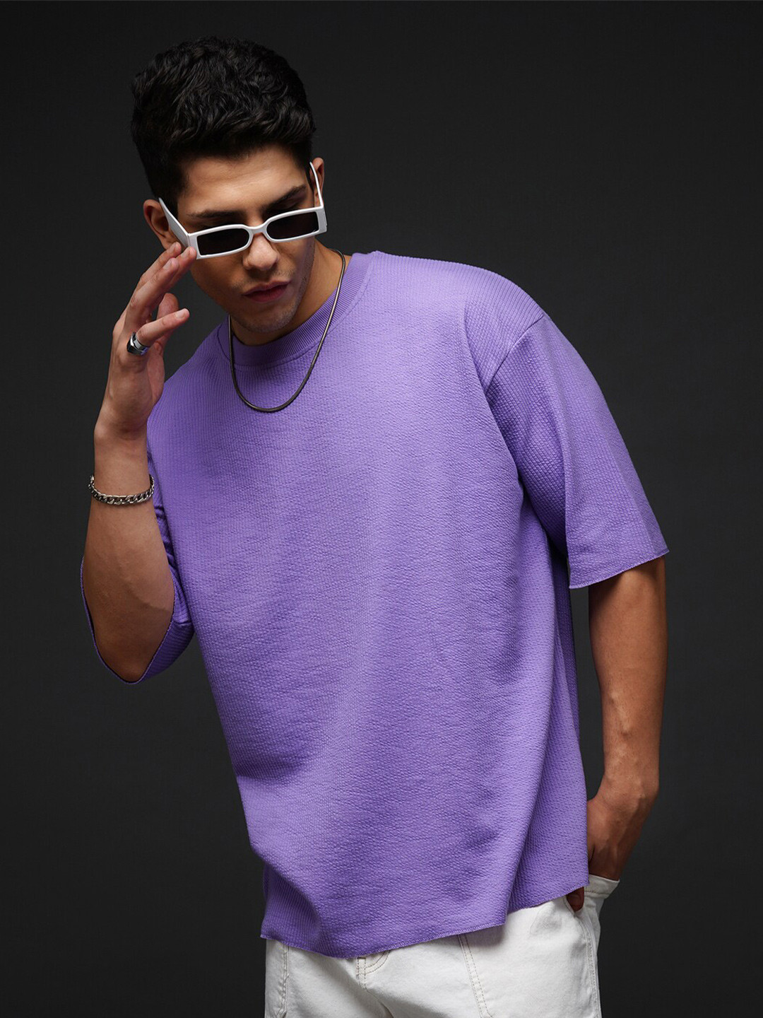 

Powerlook Purple Drop-Shoulder Sleeves Round Neck Oversize T-shirt