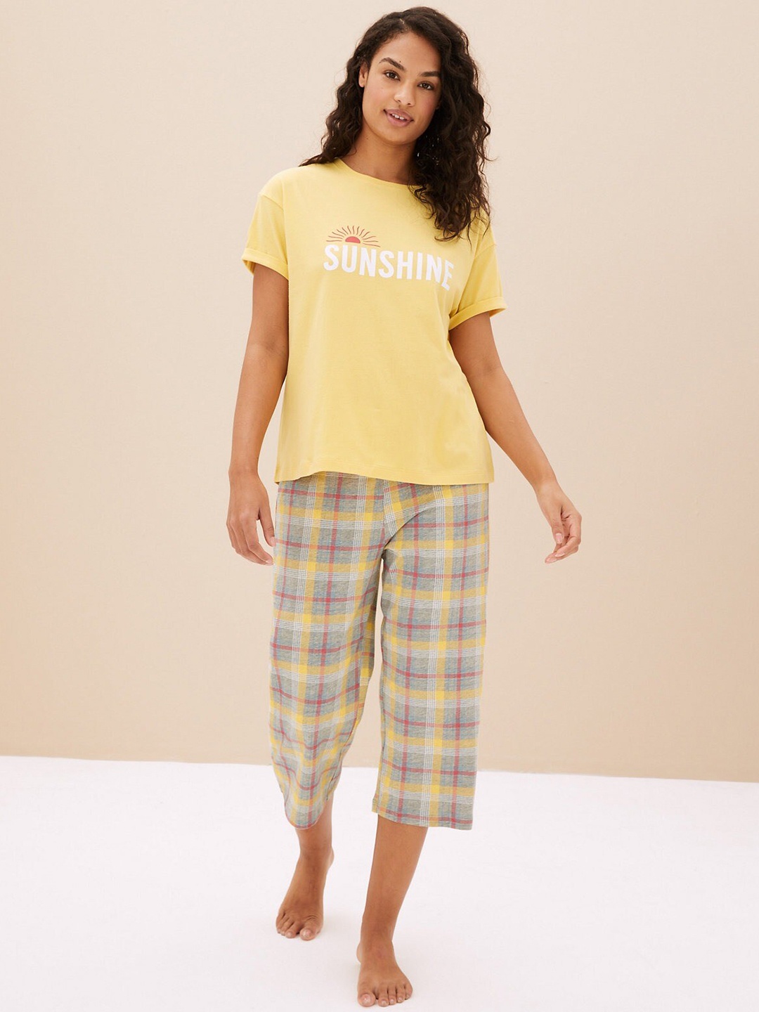 

Marks & Spencer Typography Printed Pure Cotton Night Suit, Yellow