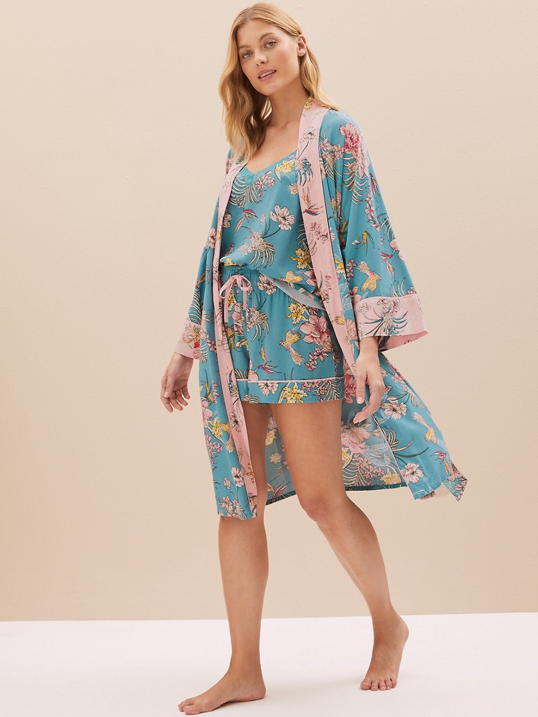 

Marks & Spencer Floral Printed Lace Kimono Robe, Turquoise blue