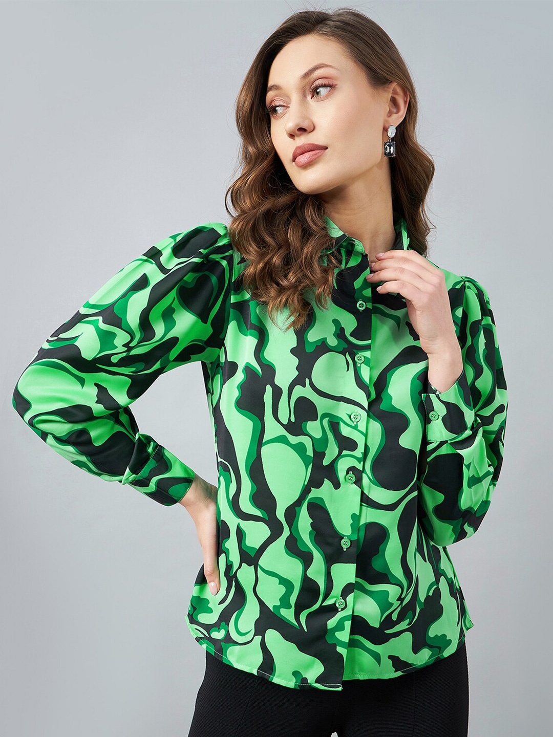 

RARE Abstract Printed Casual Satin Shirt, Green