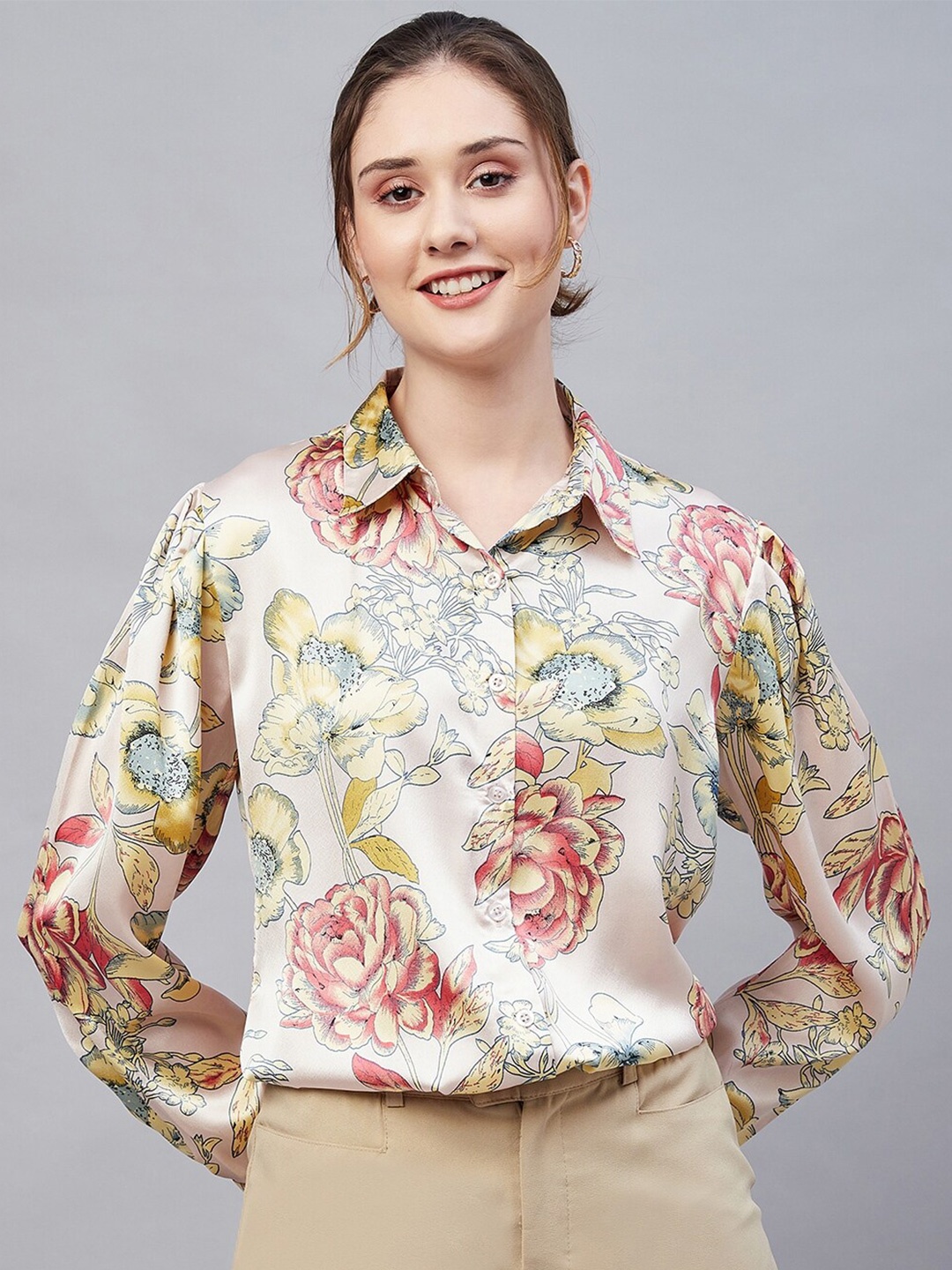 

Marie Claire Pink & Yellow Floral Printed Spread Collar Opaque Satin Casual Shirt