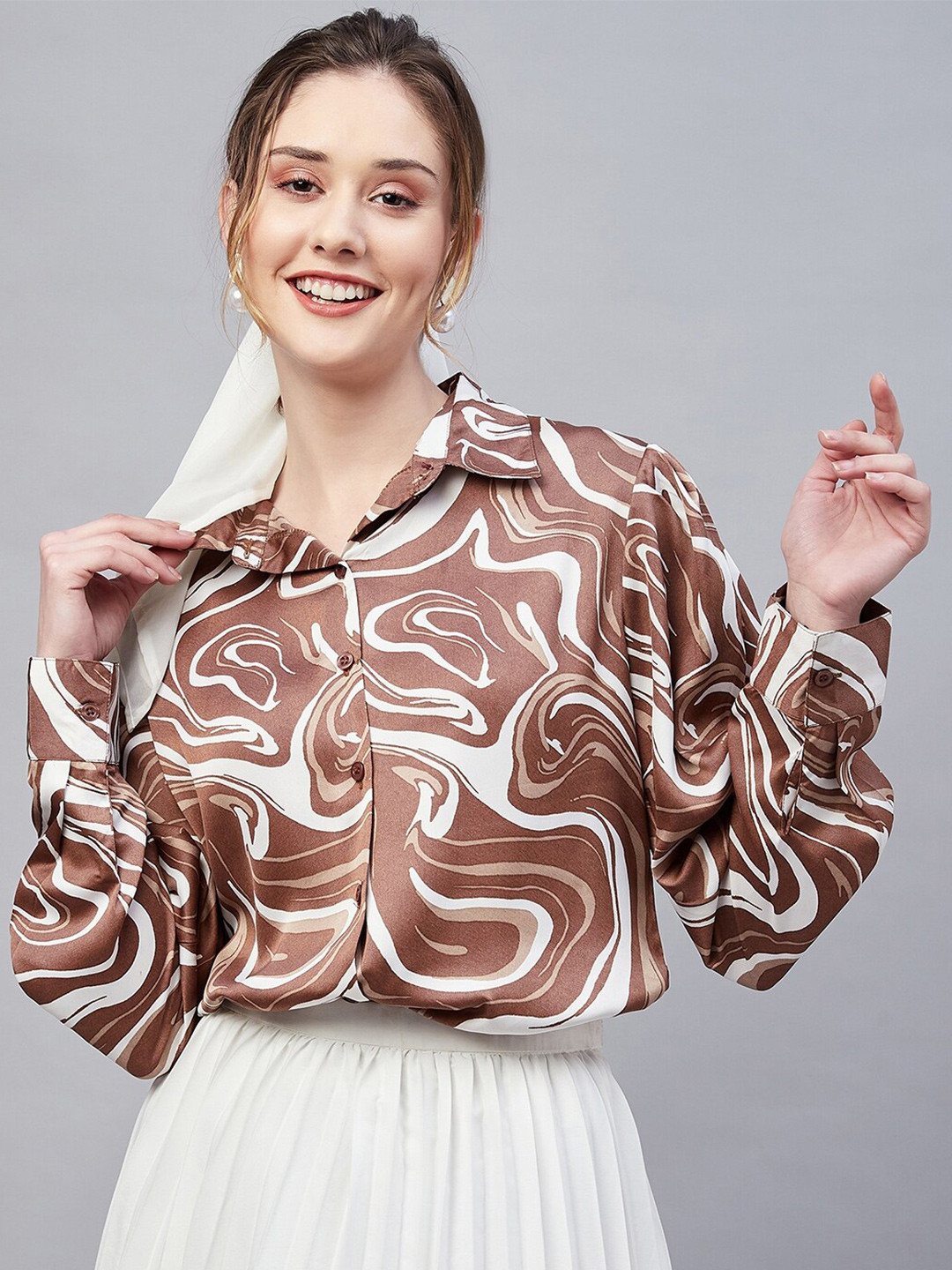

Marie Claire Brown & White Abstract Printed Spread Collar Opaque Satin Casual Shirt