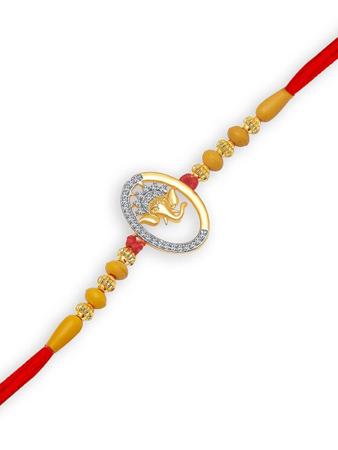 

Vighnaharta Gold-Plated CZ Stone Studded & Beaded Gajavakra Charm Rakhi
