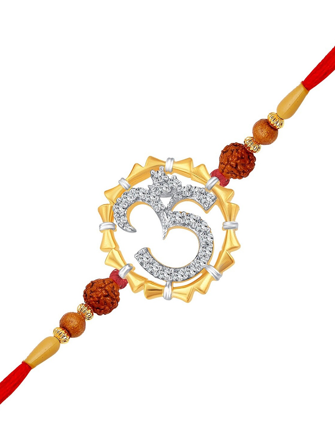 

Vighnaharta Gold & Rhodium-Plated CZ-Studded & Beaded Om With Damru Rakhi