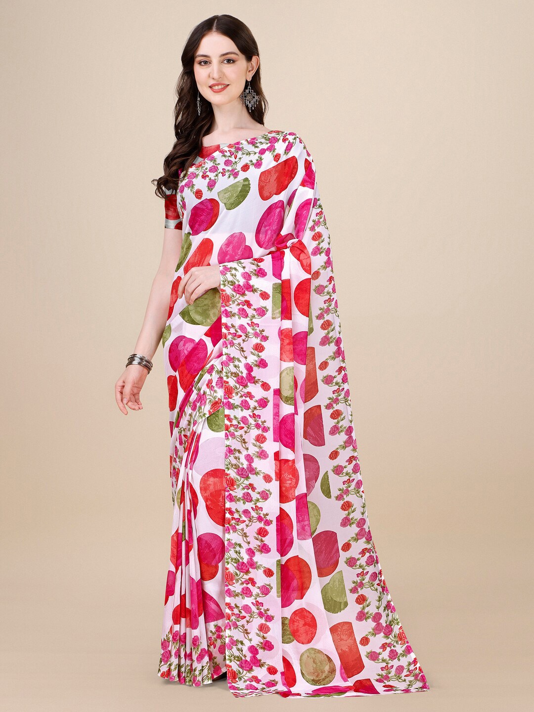 

Dori Polka Dot Printed Pure Georgette Saree, Pink