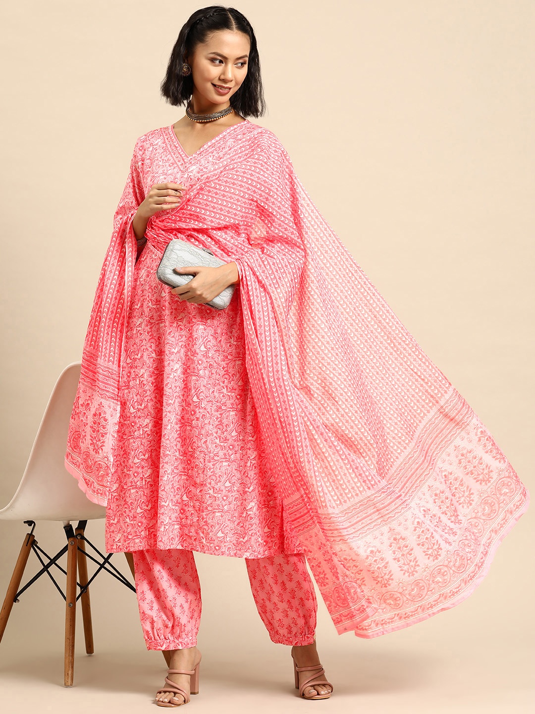 

Sangria Floral Printed Sequinned Detail Pure Cotton A-Line Kurta with Salwar & Dupatta, Pink