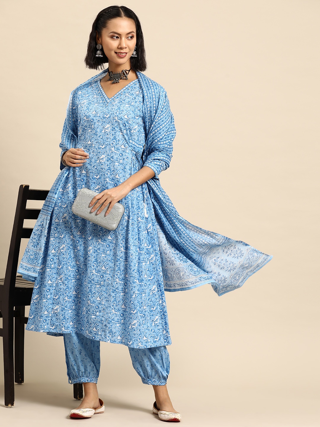 

Sangria Floral Printed Sequinned Detail Pure Cotton A-Line Kurta with Salwar & Dupatta, Blue