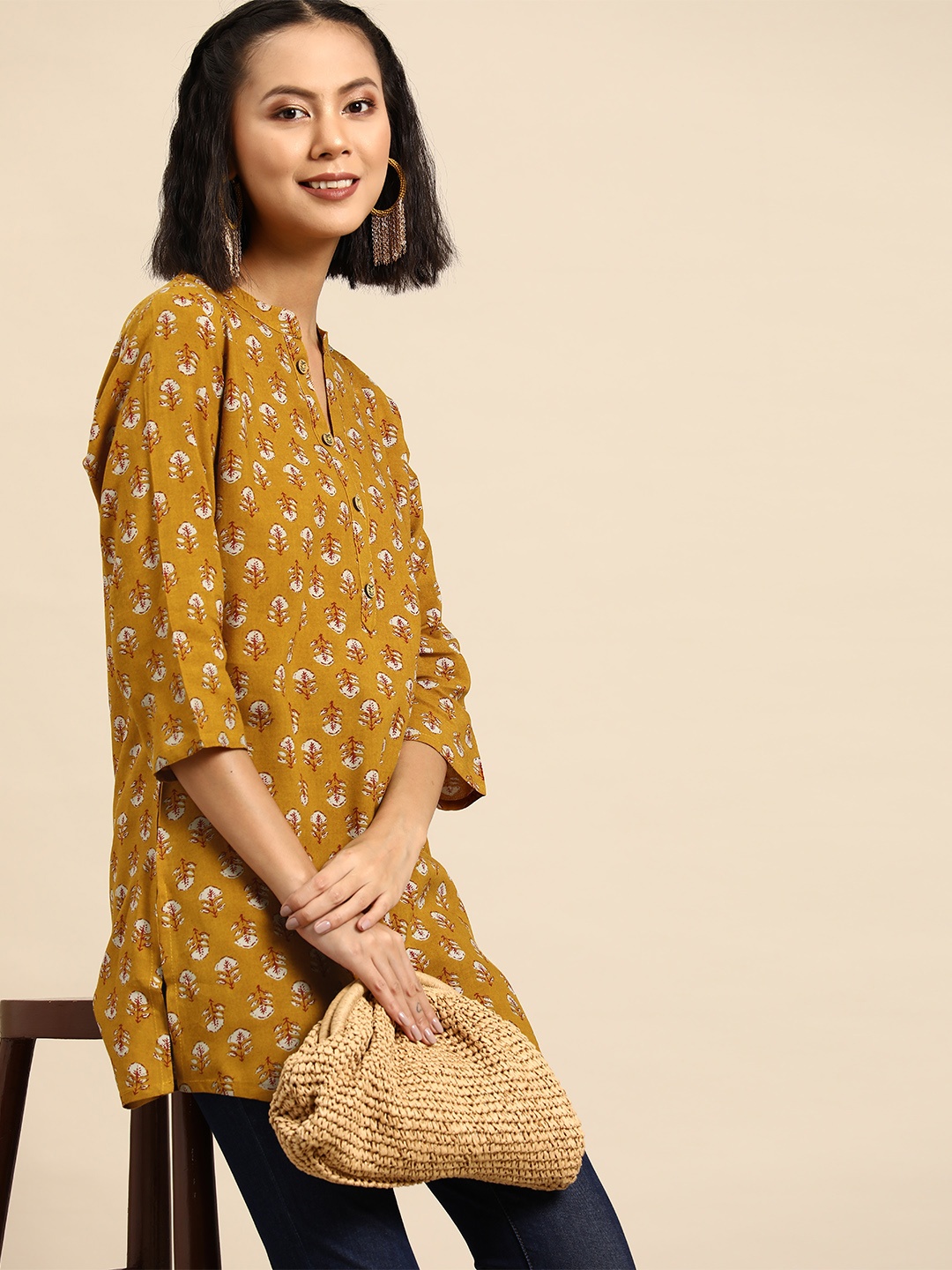 Sangria Ethnic Motifs Printed Sequinned Short Kurti, Mustard