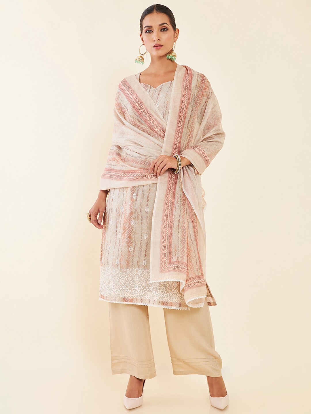 

Soch Beige & White Bandhani Printed Unstitched Dress Material