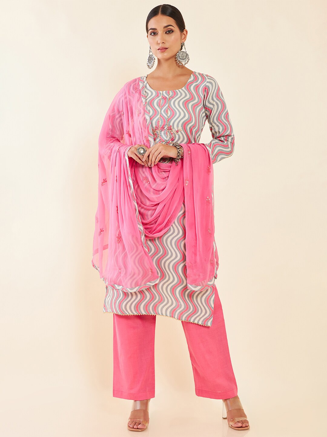 

Soch White & Pink Printed Gotta Patti Pure Cotton Unstitched Dress Material