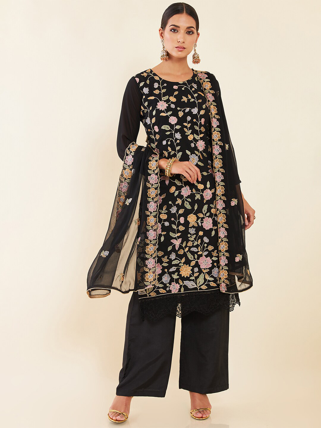 

Soch Black & Pink Floral Embroidered Unstitched Dress Material