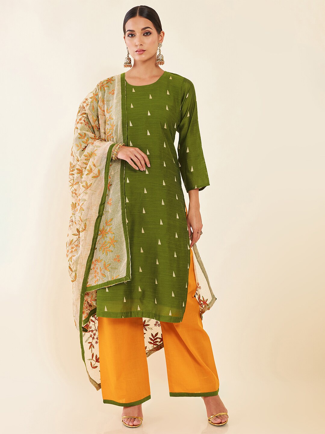 

Soch Geometric Woven Design Art Silk Unstitched Dress Material, Green