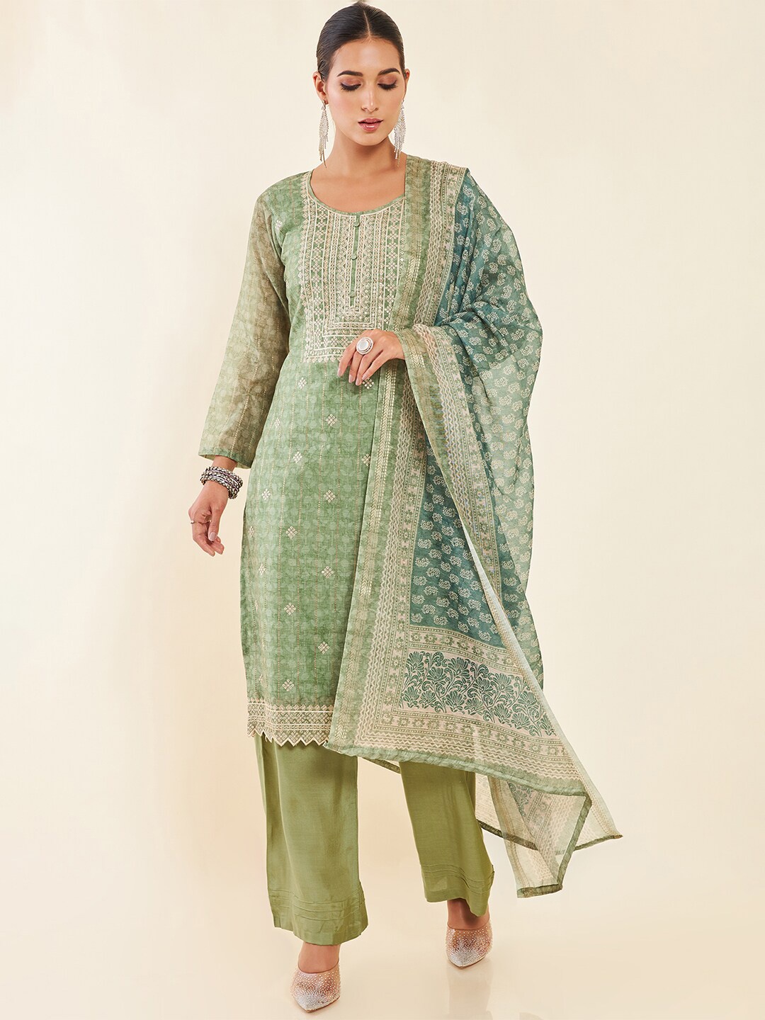 

Soch Olive Green & White Ethnic Motifs Printed Thread Work Unstitched Dress Material