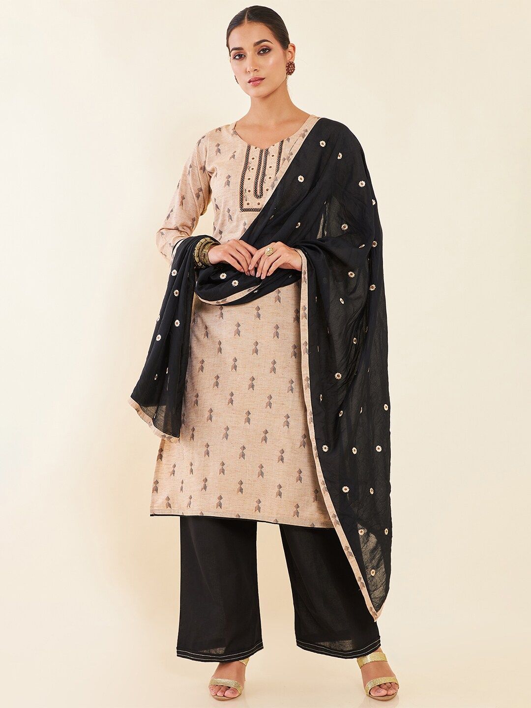 

Soch Beige & Black Geometric Woven Design Pure Cotton Unstitched Dress Material