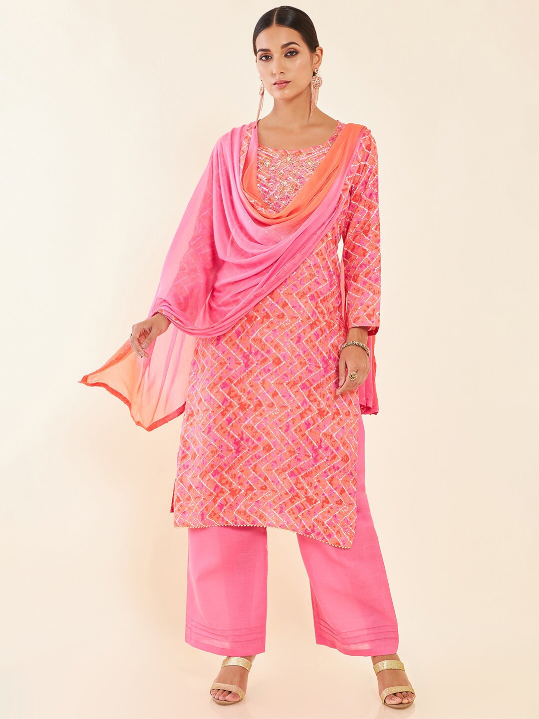 

Soch Embroidered Pure Cotton Unstitched Dress Material, Coral