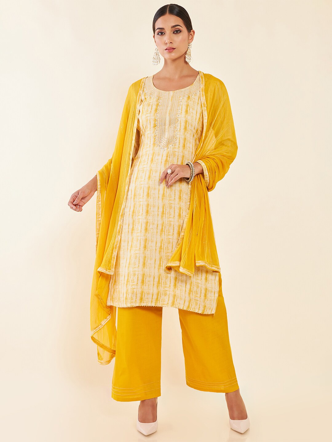 

Soch Beige & Yellow Abstract Printed Sequined Pure Cotton Unstitched Dress Material