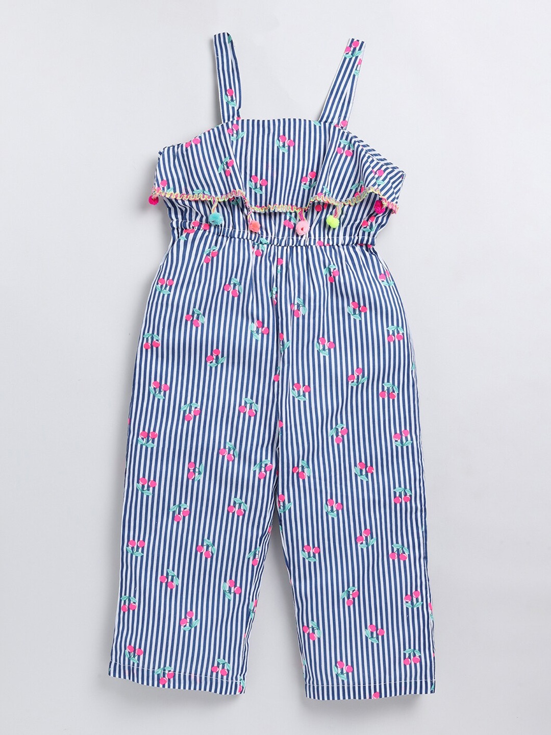 

M'andy Girls Striped Shoulder Strap Cotton Basic Jumpsuit, Blue