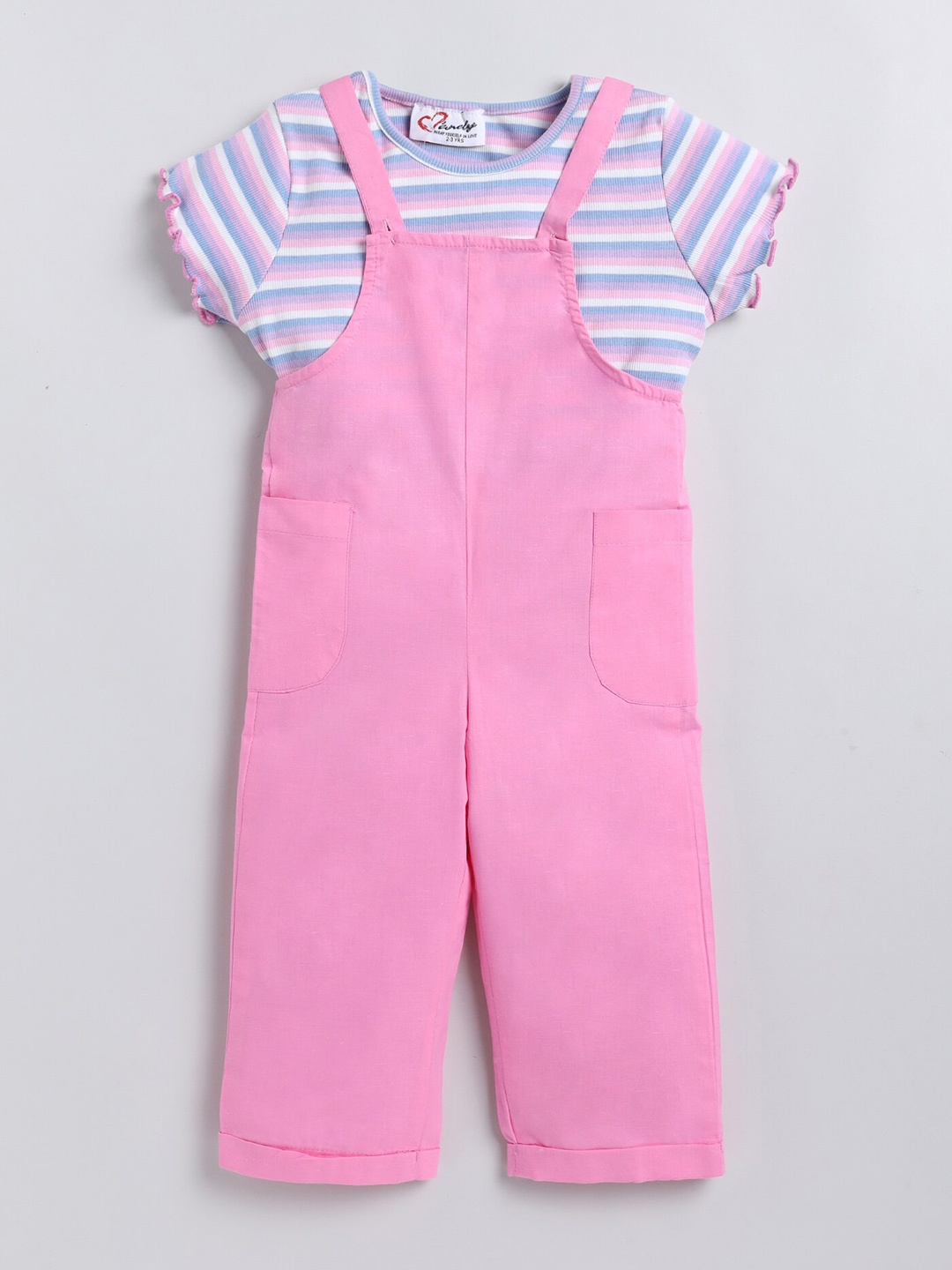 

M'andy Girls Striped Cotton T-shirt & Dungaree Set, Pink