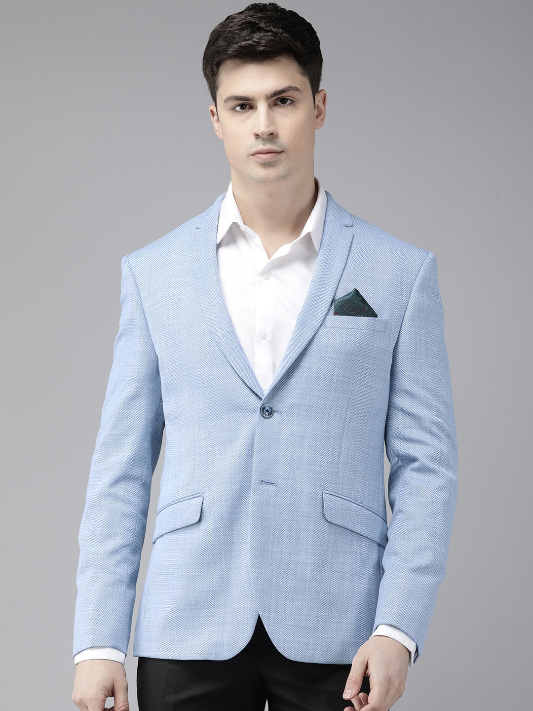 

V Dot Self Design Textured Skinny-Fit Single Breasted Blazer, Blue