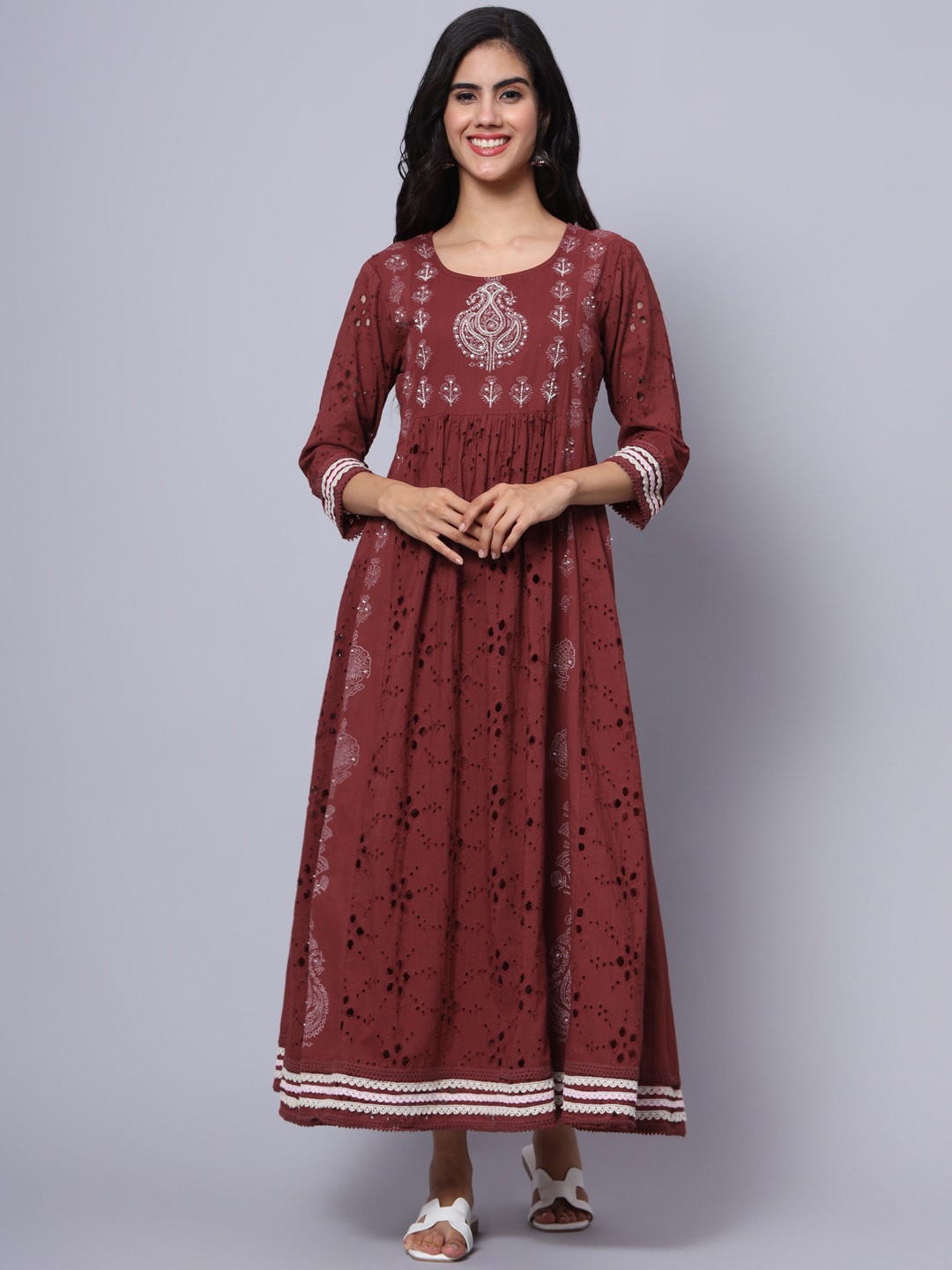 

PREKSHA Schiffili Ethnic Motifs Embellished Fit & Flare Dress, Maroon