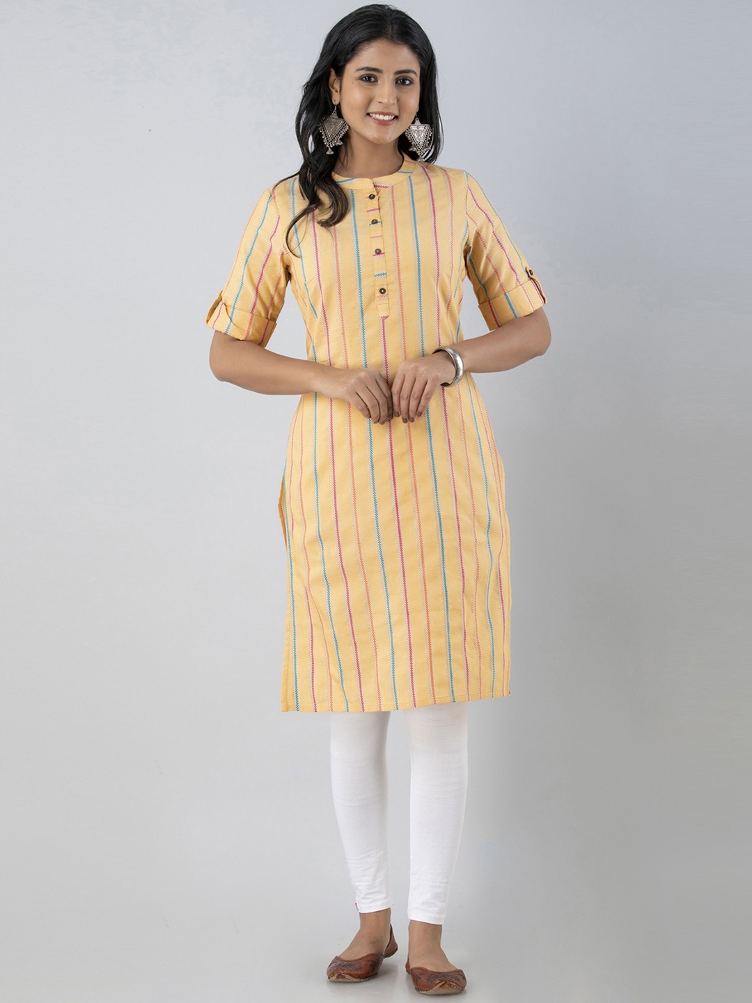 

PREKSHA Striped Mandarin Collar Roll-Up Sleeves Cotton Kurta, Mustard