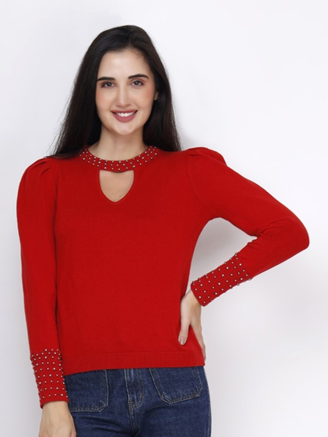 

JoE Hazel Round Neck Cut Out Embellished Cotton Pullover Sweater, Red