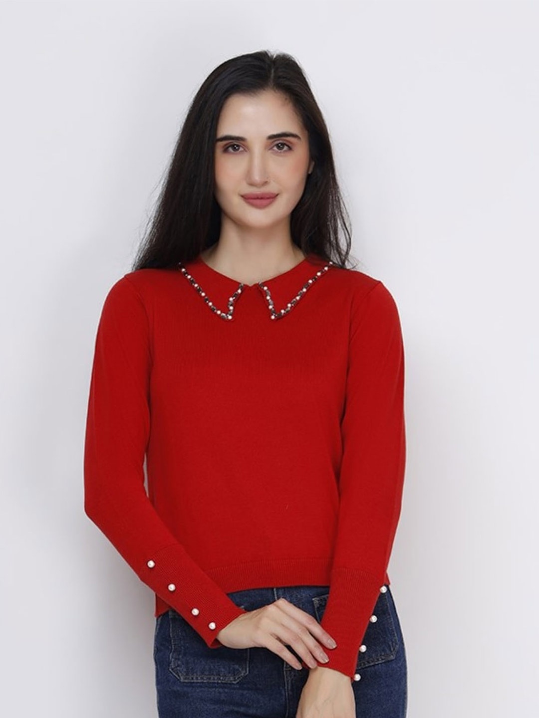 

JoE Hazel Embellished Peter Pan Collar Cotton Pullover Sweater, Red