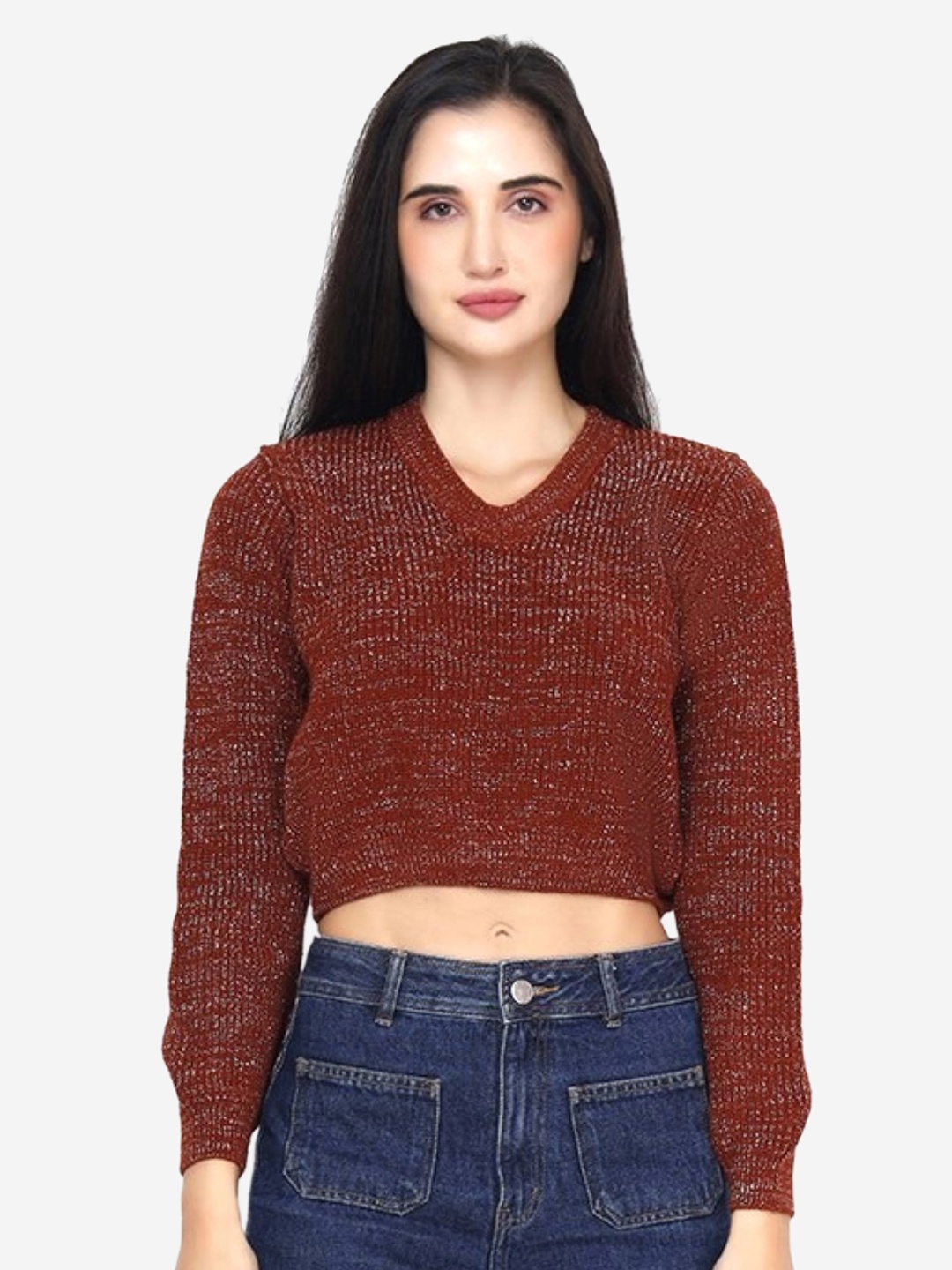 

JoE Hazel Self Design V-Neck Crop Acrylic Crop Pullover, Rust