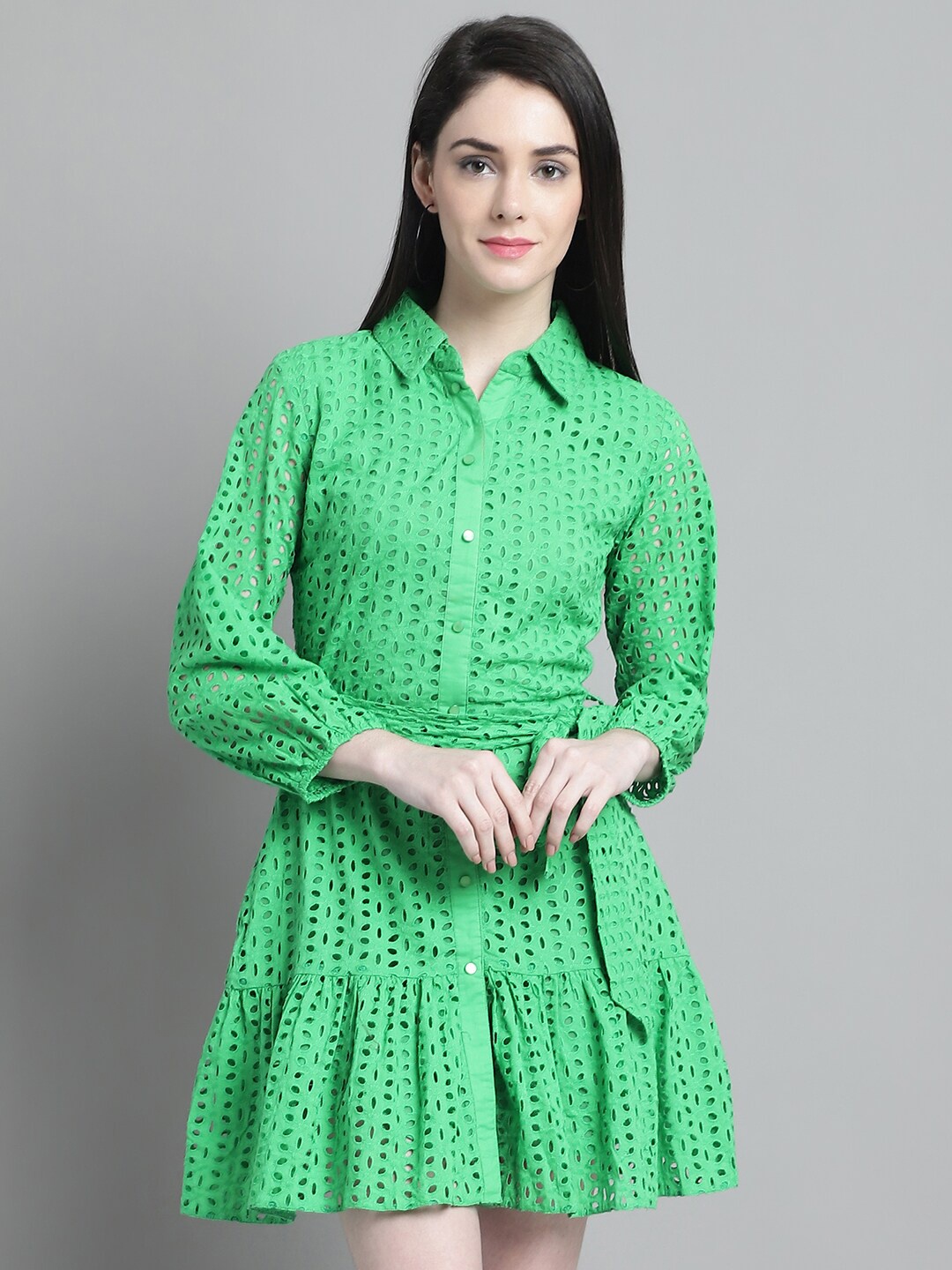 

MARC LOUIS Self Design Fringed Fit & Flare Dress, Green