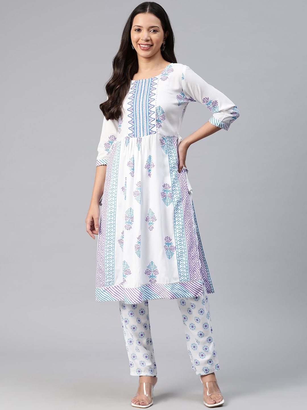 

KALINI Ethnic Printed A-Line Kurta With Pyjamas, White