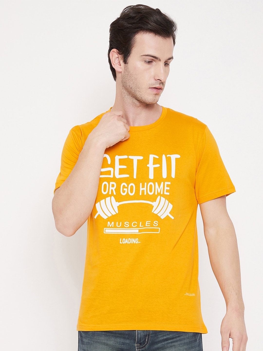 

Purple Feather Typography Printed Short Sleeves Pure Cotton T-shirt, Yellow