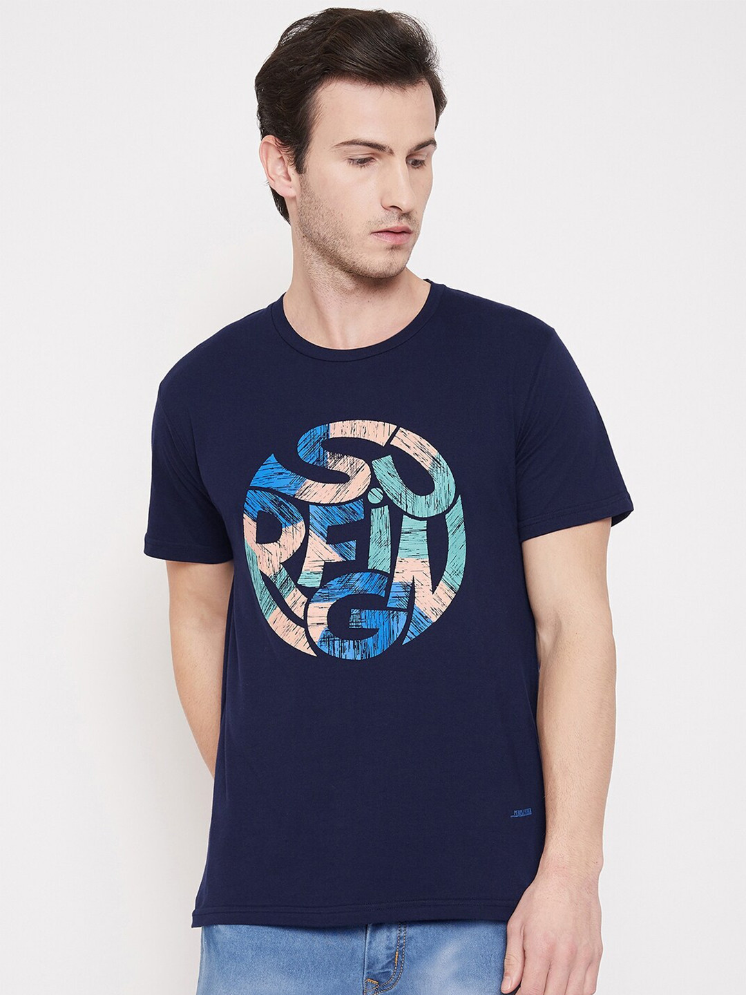 

Purple Feather Typography Printed Pure Cotton T-shirt, Navy blue