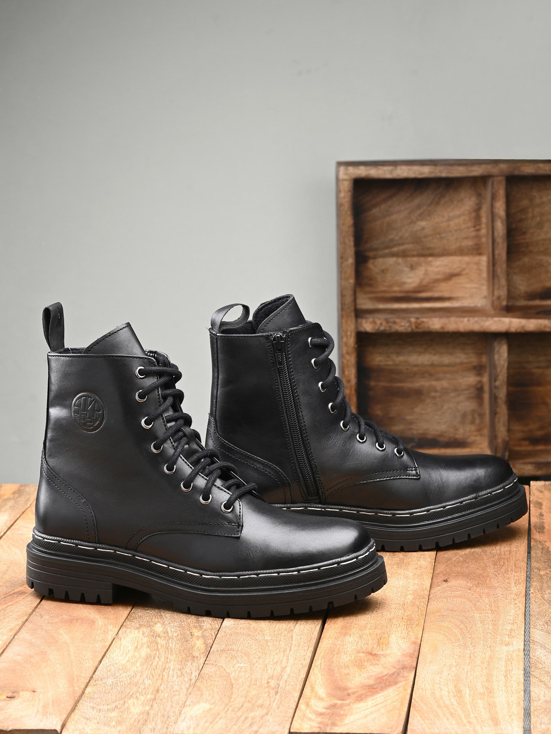 

SPYKAR Men Leather Mid-Top Biker Boots, Black