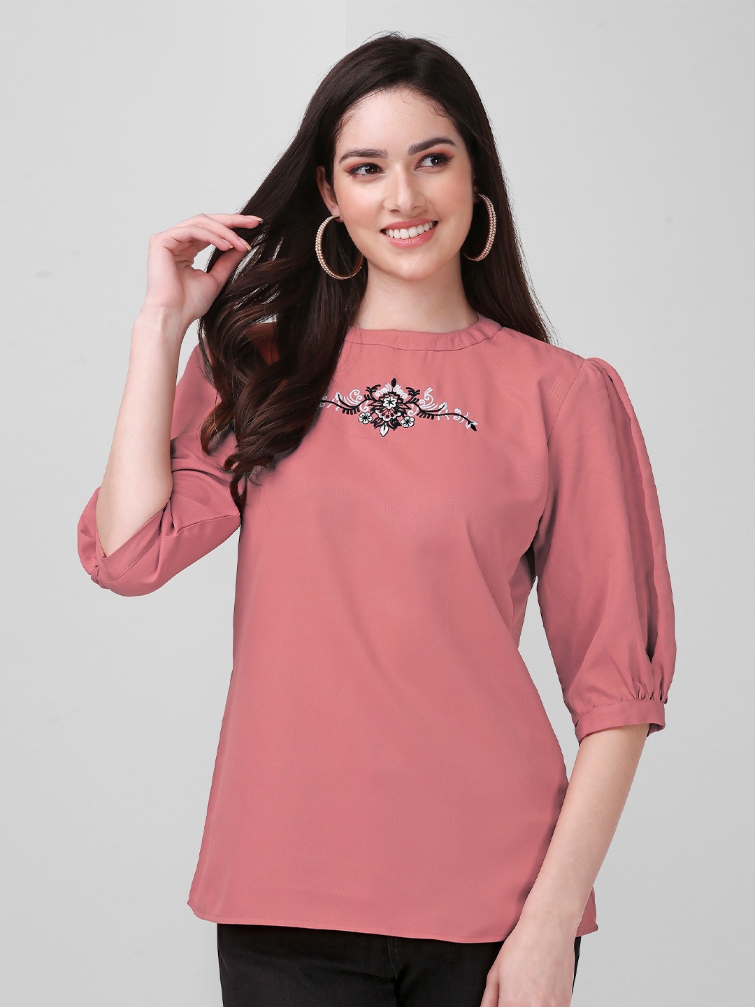 

Nivah Fashion Embroidered Round Neck Puff Sleeve Top, Peach