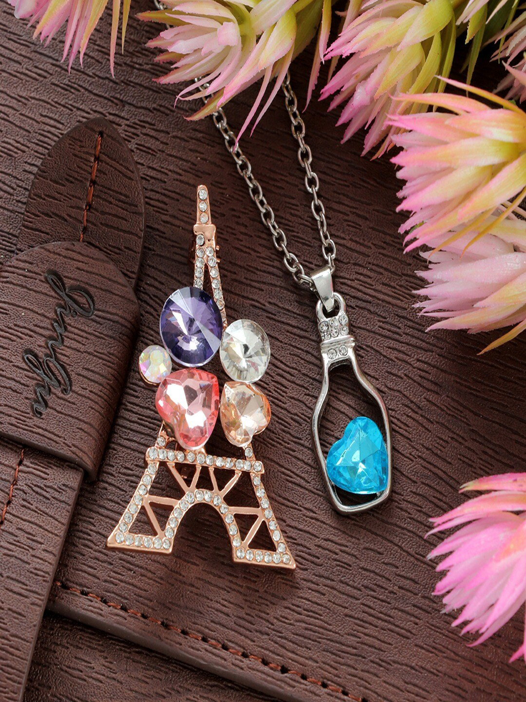 

UNIVERSITY TRENDZ Women Rose Gold-Plated Crystal Brooch & Silver-Plated Pendant Set
