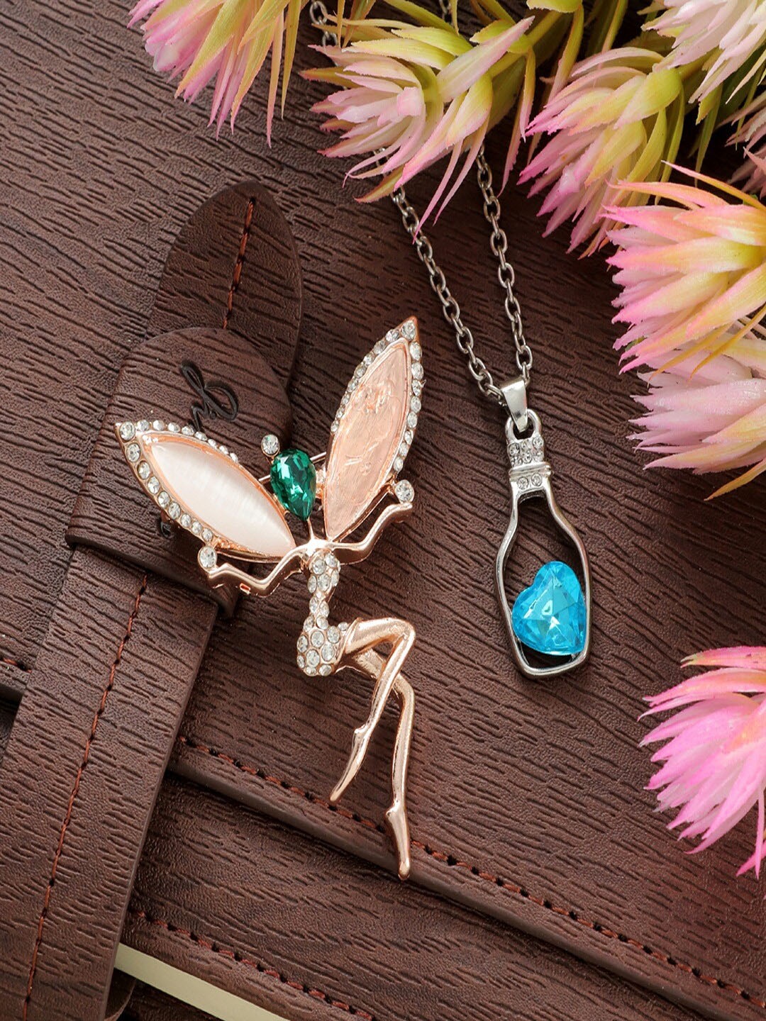 

UNIVERSITY TRENDZ Women Stone-Studed Brooch & Pendant Combo Set, Gold