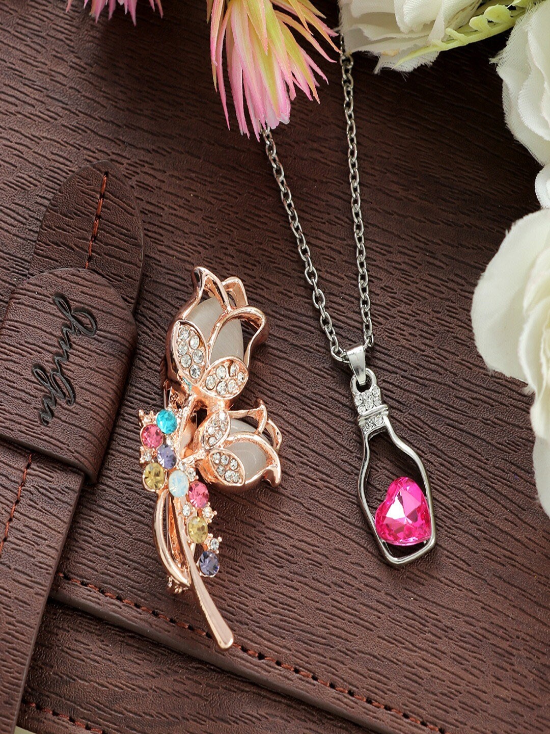 

UNIVERSITY TRENDZ Women Stone-Studed Brooch & Pendant Combo Set, Gold