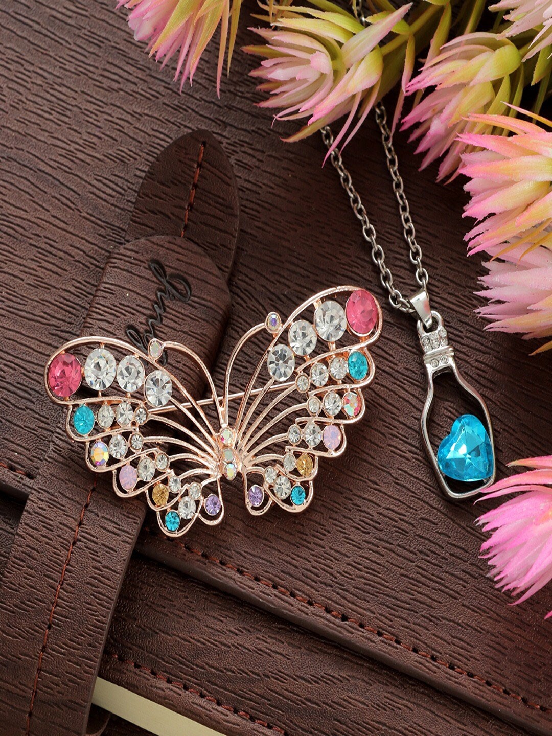 

UNIVERSITY TRENDZ Women Stone-Studed Brooch & Pendant Combo Set, Gold