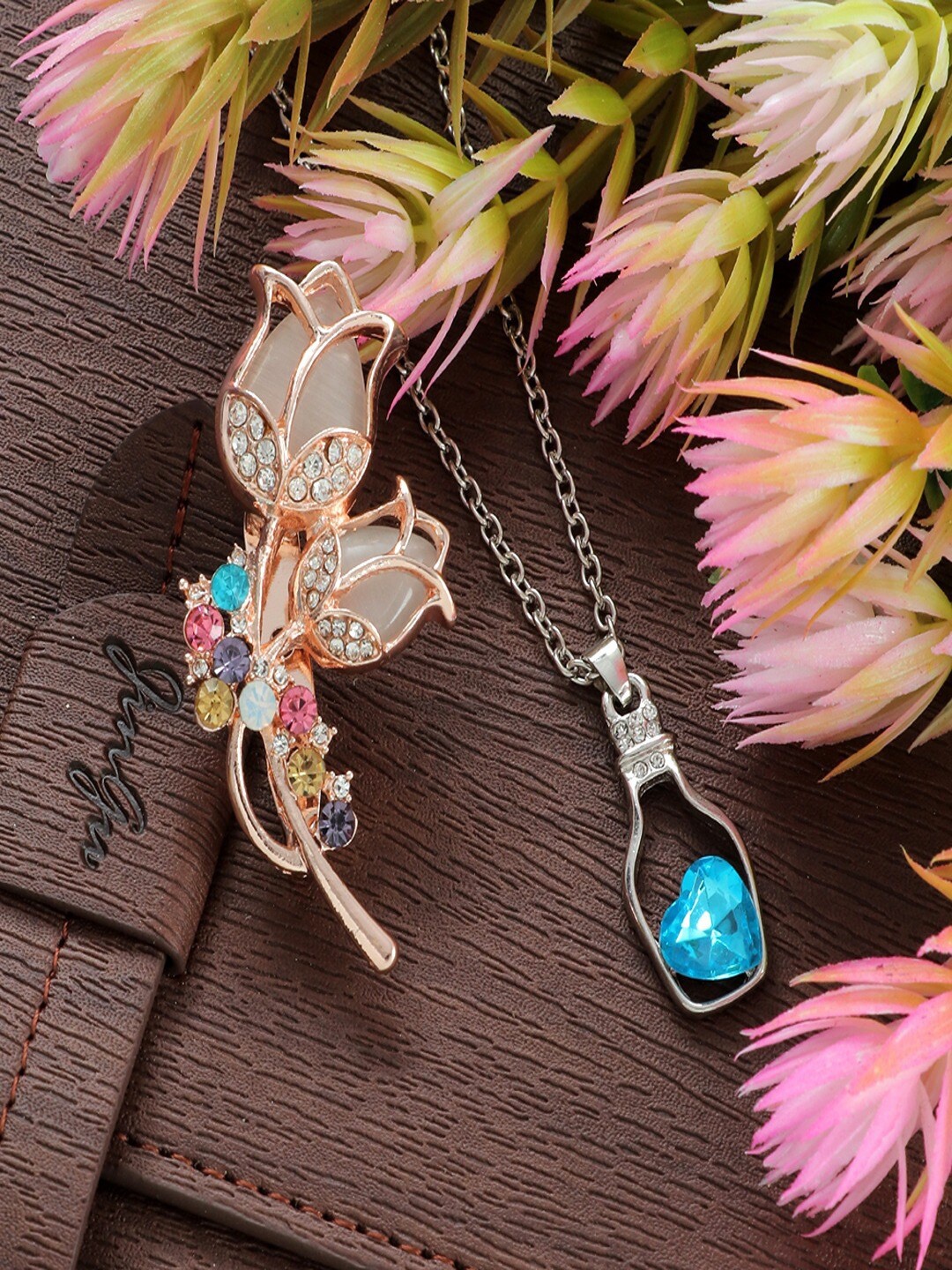 

UNIVERSITY TRENDZ Women Stone-Studed Brooch & Pendant Combo Set, Gold