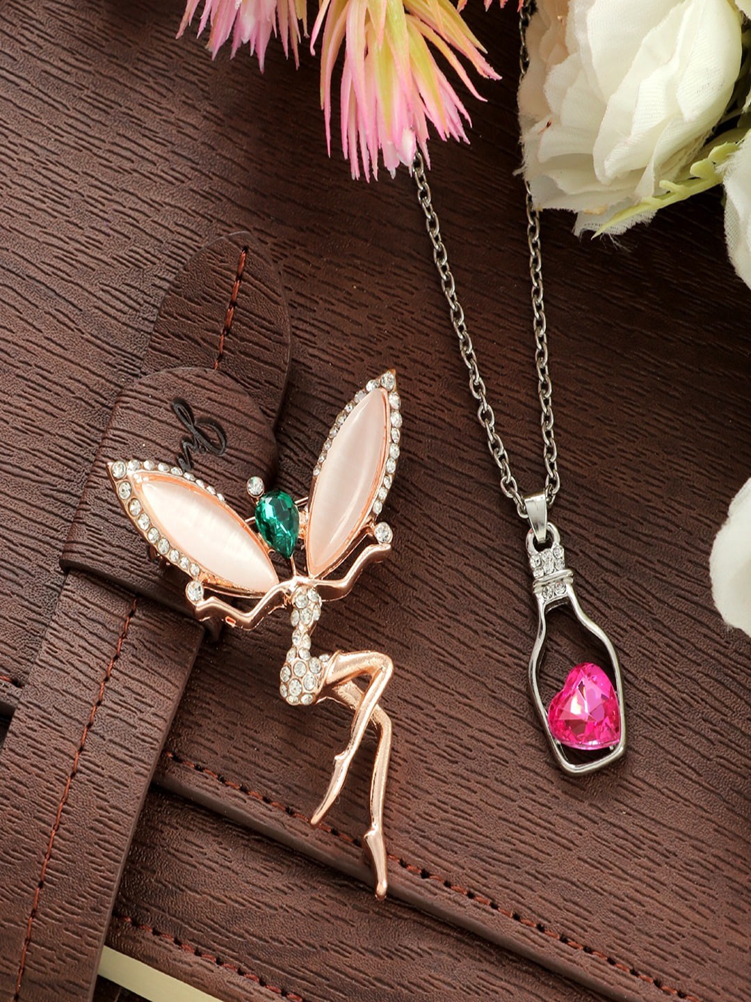 

UNIVERSITY TRENDZ Women Stone-Studed Brooch & Pendant Combo Set, Gold