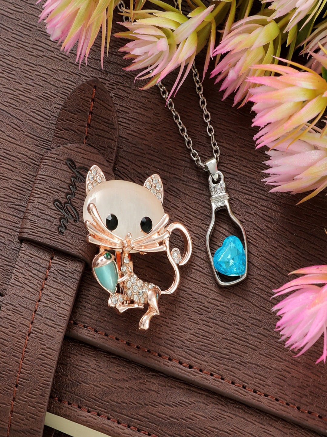 

UNIVERSITY TRENDZ Women Fish & Catchy Cat Brooch With Heart Crystal Pendant Combo Set, Rose gold