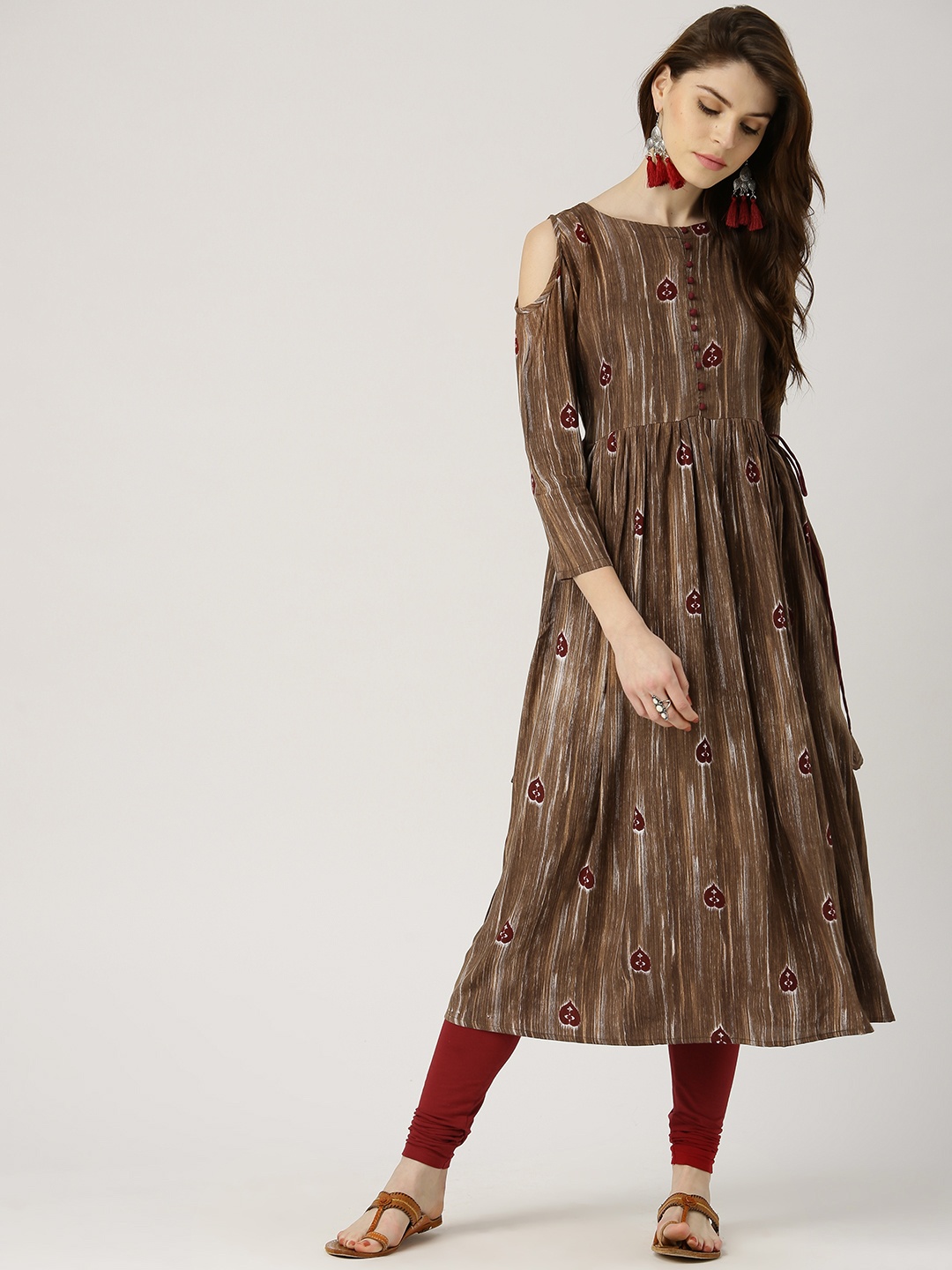 

Libas Women Brown & Maroon Printed Cold Shoulder A-Line Kurta
