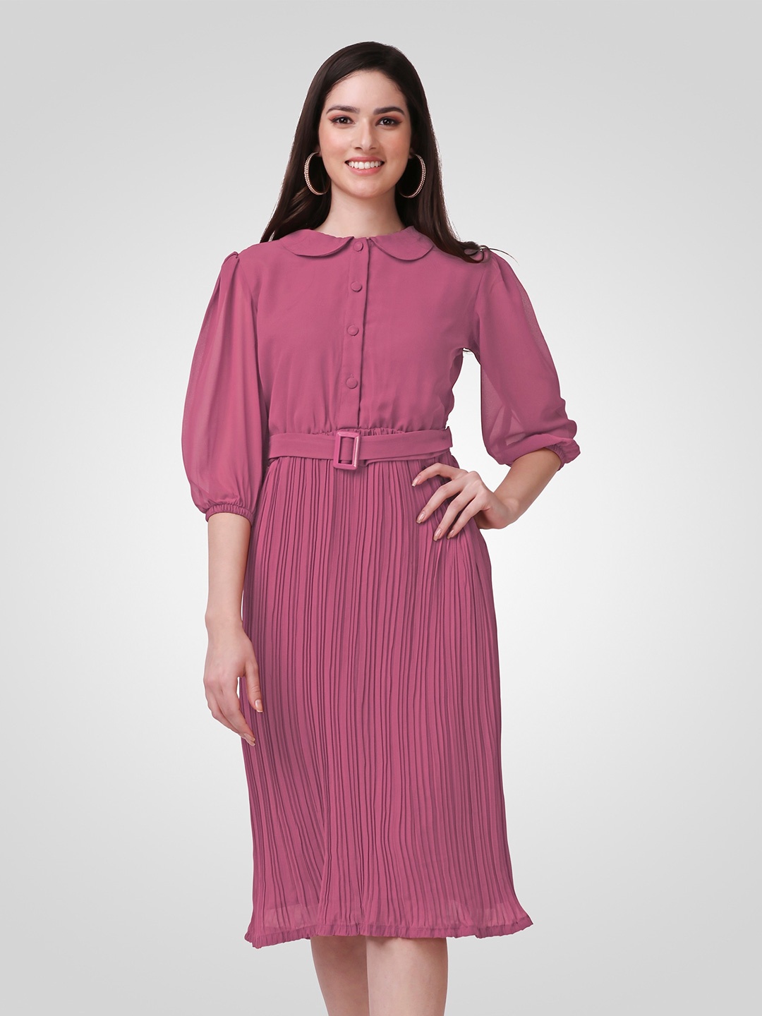 

Nivah Fashion Accordion Pleats Peter Pan Collar Georgette Fit & Flare Dress With Belt, Pink