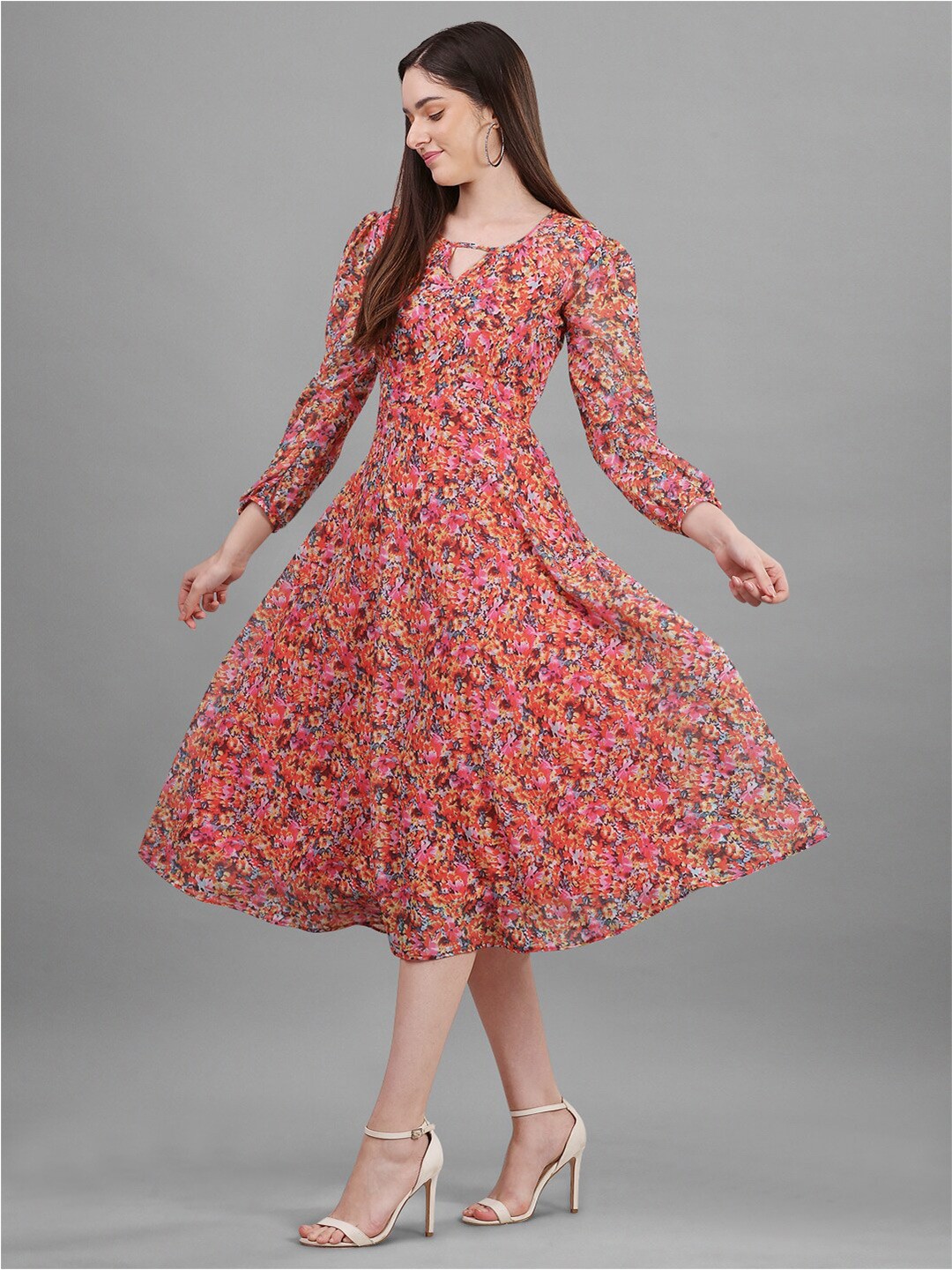 

Nivah Fashion Floral Printed Georgette Fit & Flare Midi Dress, Coral