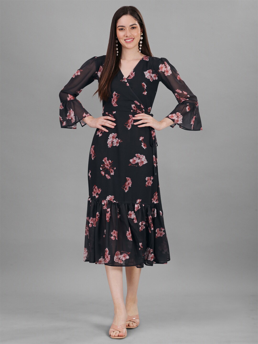 

Nivah Fashion Floral Printed Bell Sleeve Georgette Wrap Midi Dress, Black